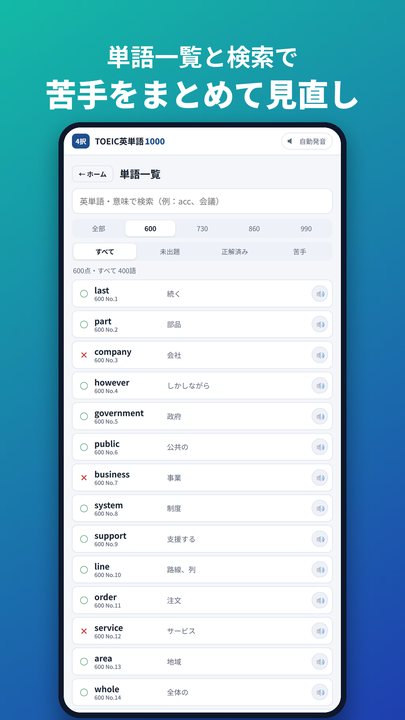 単語一覧と検索。未出題・正解済み・苦手で絞り込める