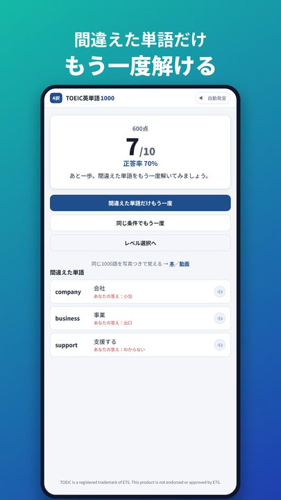 結果画面。間違えた単語だけをもう一度解ける